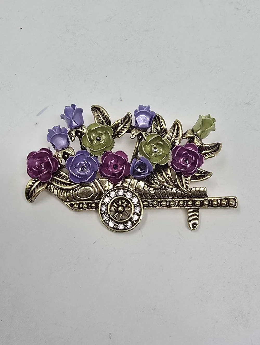 Vtg enamel‎ rhinestone flowers wheelbarrow brooch garden gold tone nature farm